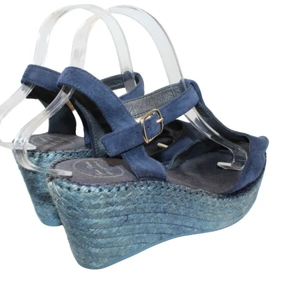 Toni Pons Womens Sz 9M Blue Leather Ankle Strap High Wedge Espadrilles Heels