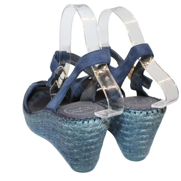 Toni Pons Womens Sz 9M Blue Leather Ankle Strap High Wedge Espadrilles Heels