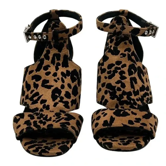 Topshop Womens 8 Leopard Animal Print Suede Chunky Block Heel Shoe Ankle Strap
