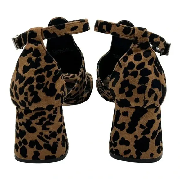 Topshop Womens 8 Leopard Animal Print Suede Chunky Block Heel Shoe Ankle Strap