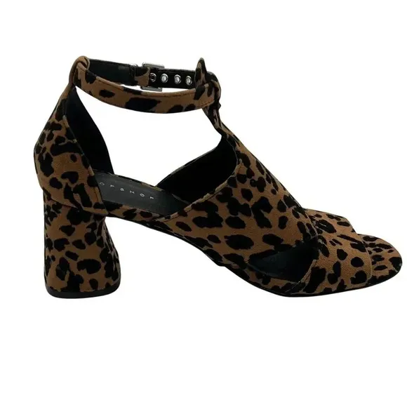 Topshop Womens 8 Leopard Animal Print Suede Chunky Block Heel Shoe Ankle Strap
