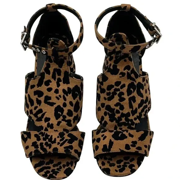 Topshop Womens 8 Leopard Animal Print Suede Chunky Block Heel Shoe Ankle Strap