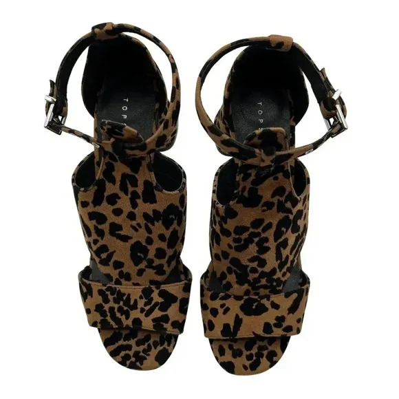 Topshop Womens 8 Leopard Animal Print Suede Chunky Block Heel Shoe Ankle Strap