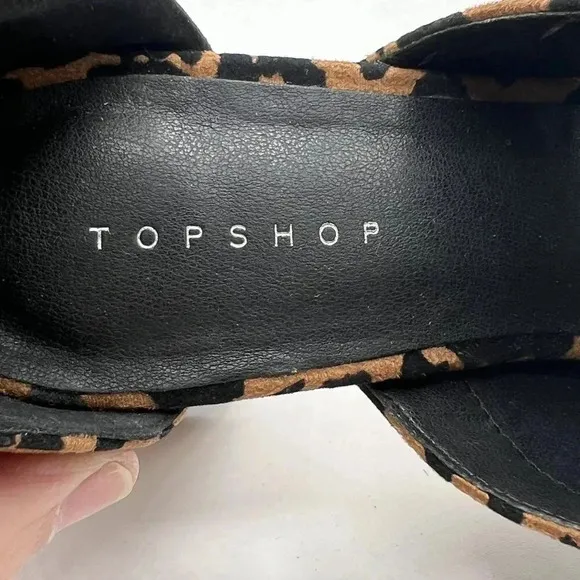 Topshop Womens 8 Leopard Animal Print Suede Chunky Block Heel Shoe Ankle Strap