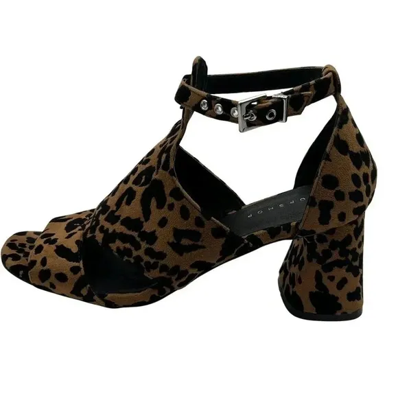 Topshop Womens 8 Leopard Animal Print Suede Chunky Block Heel Shoe Ankle Strap