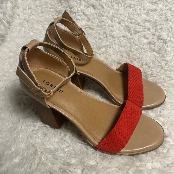 Torrid Women's Synthetic Red braided &amp;Tan ankle strap Block Heel Sandals SZ12W
