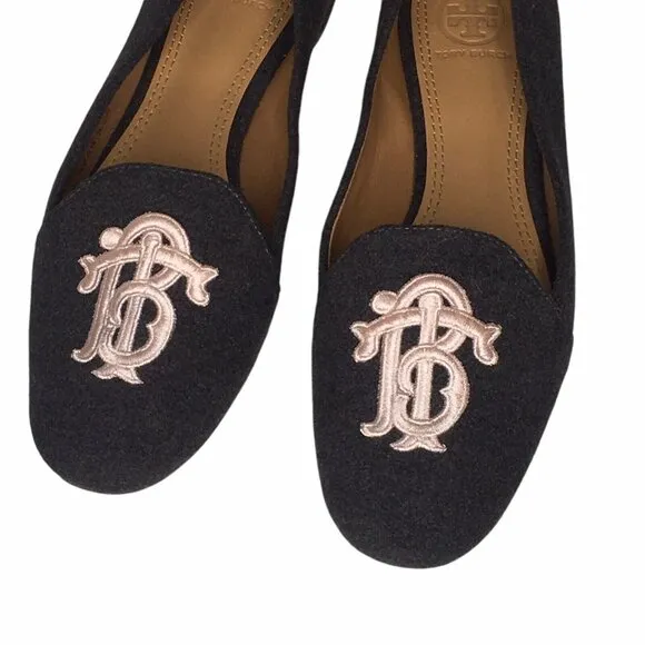 TORY BURCH Antonia Wool Flats  Size 6 1/2 Monogram Smoking Loafer Ballet Gray