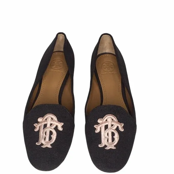 TORY BURCH Antonia Wool Flats  Size 6 1/2 Monogram Smoking Loafer Ballet Gray