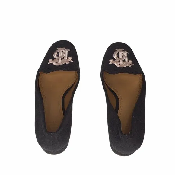 TORY BURCH Antonia Wool Flats  Size 6 1/2 Monogram Smoking Loafer Ballet Gray