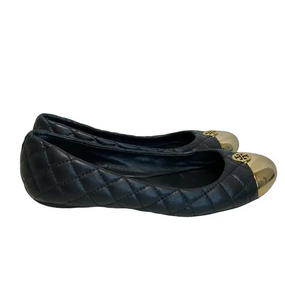 Tory Burch Cap Toe Quilted Leather Ballet Flats Black Gold - 7