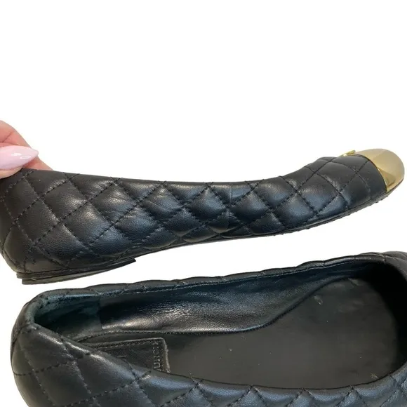 Tory Burch Cap Toe Quilted Leather Ballet Flats Black Gold - 7