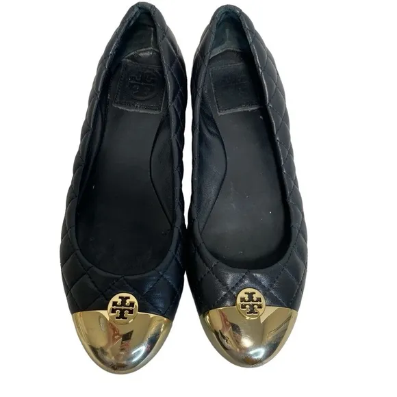 Tory Burch Cap Toe Quilted Leather Ballet Flats Black Gold - 7