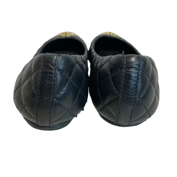 Tory Burch Cap Toe Quilted Leather Ballet Flats Black Gold - 7