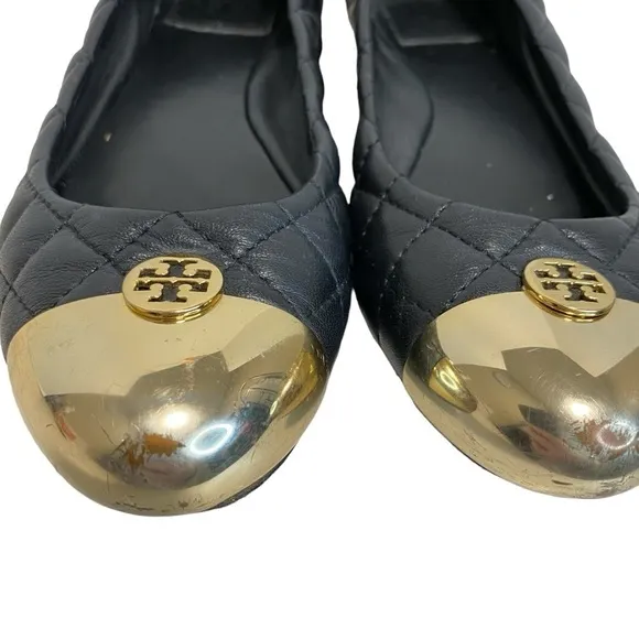 Tory Burch Cap Toe Quilted Leather Ballet Flats Black Gold - 7