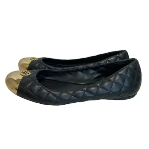 Tory Burch Cap Toe Quilted Leather Ballet Flats Black Gold - 7
