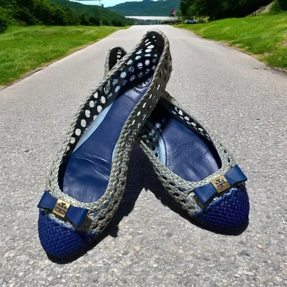 Tory Burch Carlyle woven leather flats blue gold