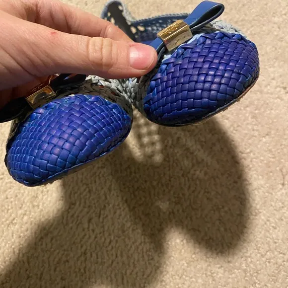 Tory Burch Carlyle woven leather flats blue gold