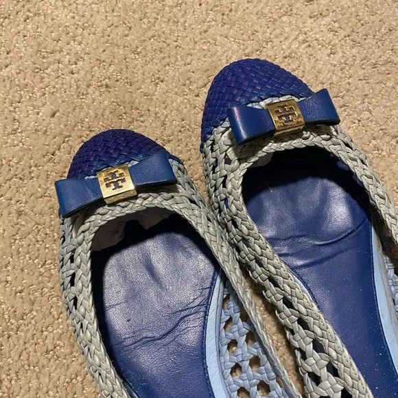 Tory Burch Carlyle woven leather flats blue gold