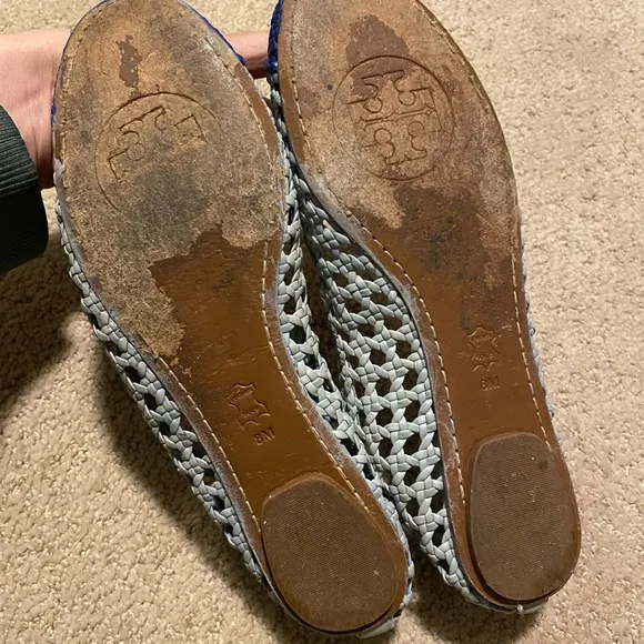 Tory Burch Carlyle woven leather flats blue gold