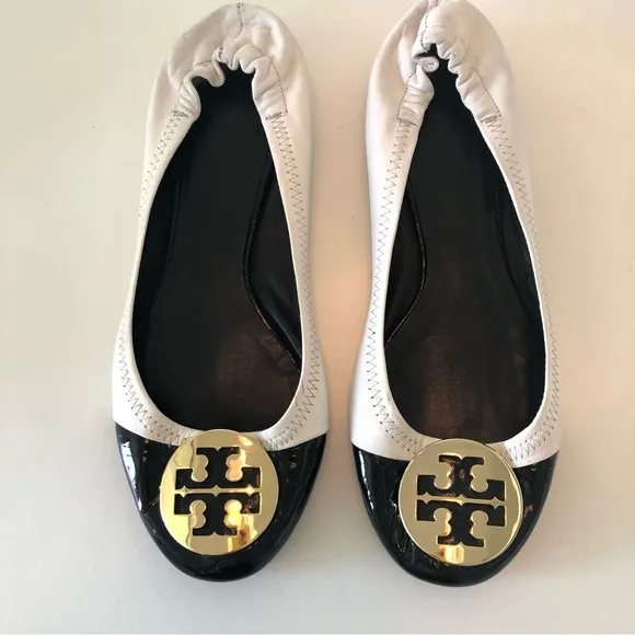 Tory Burch Claire Cap Toe Ballet Flats Black &amp; White with Gold T Logo Women’s 8