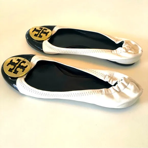 Tory Burch Claire Cap Toe Ballet Flats Black &amp; White with Gold T Logo Women’s 8
