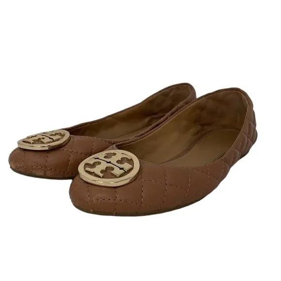 Tory Burch Claire Flats Wide Fit Leather Brown Quilted Size 7
