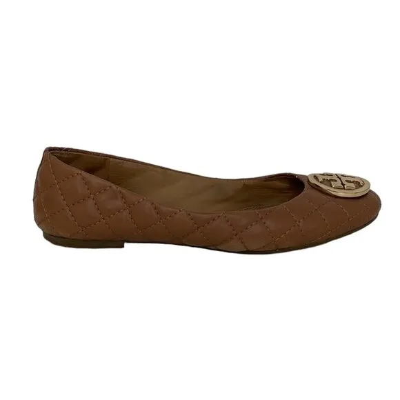 Tory Burch Claire Flats Wide Fit Leather Brown Quilted Size 7