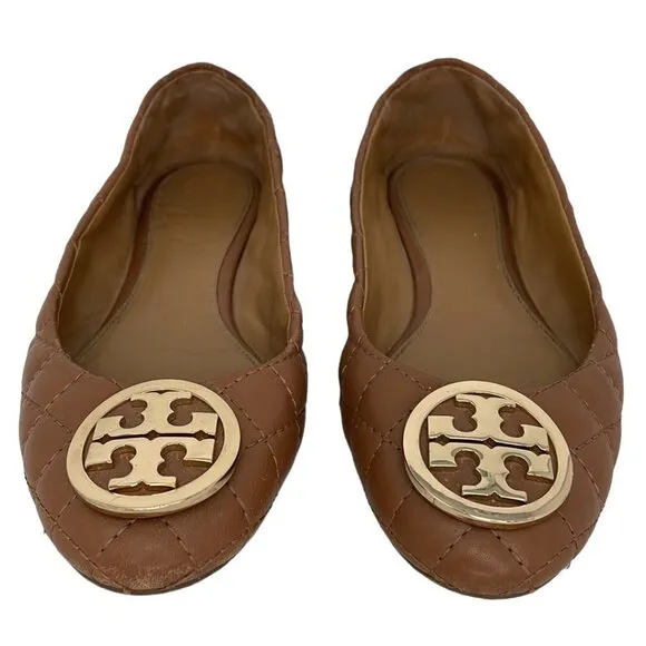 Tory Burch Claire Flats Wide Fit Leather Brown Quilted Size 7