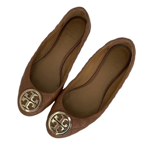 Tory Burch Claire Flats Wide Fit Leather Brown Quilted Size 7