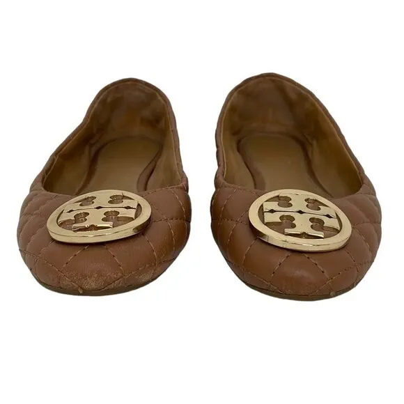 Tory Burch Claire Flats Wide Fit Leather Brown Quilted Size 7