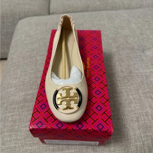 Tory Burch Cream Leather Flats with Gold Medallion