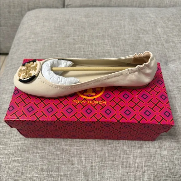 Tory Burch Cream Leather Flats with Gold Medallion