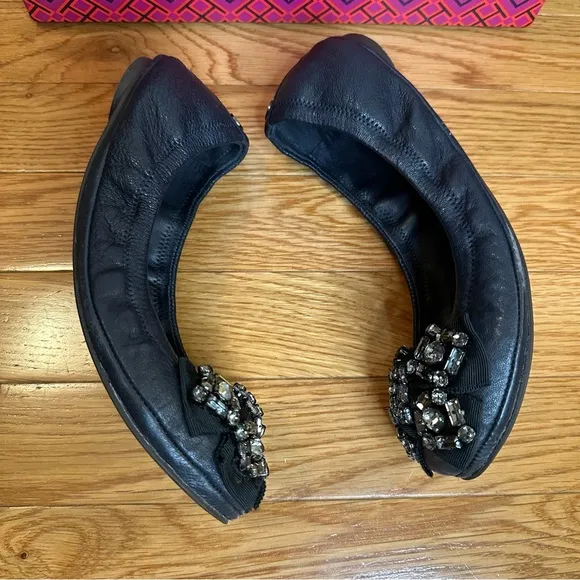 Tory Burch Eddie Navy Leather Ballet Flats with Rhinestone Bow — Size 6.5