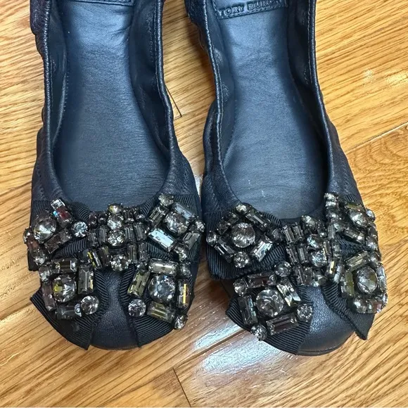 Tory Burch Eddie Navy Leather Ballet Flats with Rhinestone Bow — Size 6.5