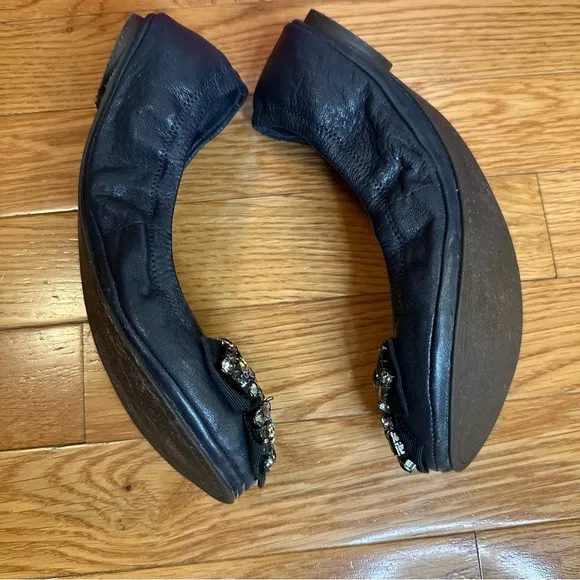 Tory Burch Eddie Navy Leather Ballet Flats with Rhinestone Bow — Size 6.5