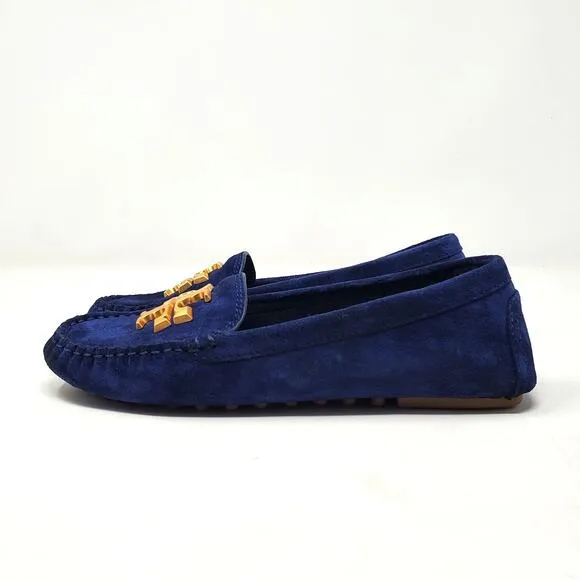 Tory Burch Everly Driver Loafers Nat Suede Royal Navy Rolled Brass 83642 Size 6
