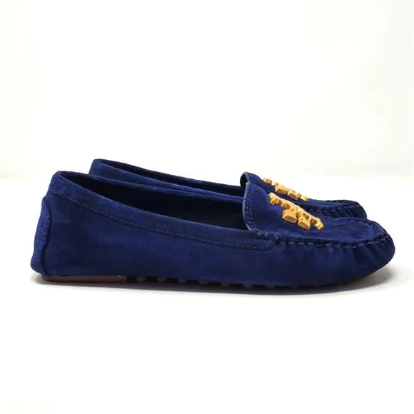 Tory Burch Everly Driver Loafers Nat Suede Royal Navy Rolled Brass 83642 Size 6