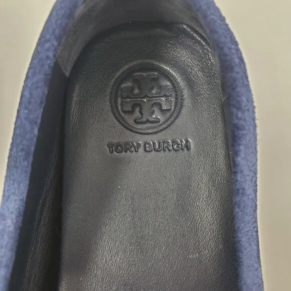 Tory Burch Everly Driver Loafers Nat Suede Royal Navy Rolled Brass 83642 Size 6