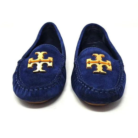 Tory Burch Everly Driver Loafers Nat Suede Royal Navy Rolled Brass 83642 Size 6