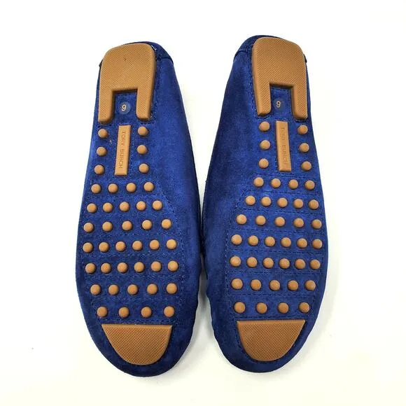Tory Burch Everly Driver Loafers Nat Suede Royal Navy Rolled Brass 83642 Size 6