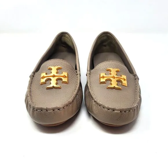 Tory Burch Everly Driver Loafers Tumbled Calf Leather Gray Gold 151421 Size 7