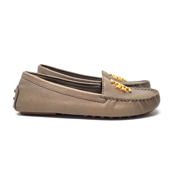 Tory Burch Everly Driver Loafers Tumbled Calf Leather Gray Gold 151421 Size 7