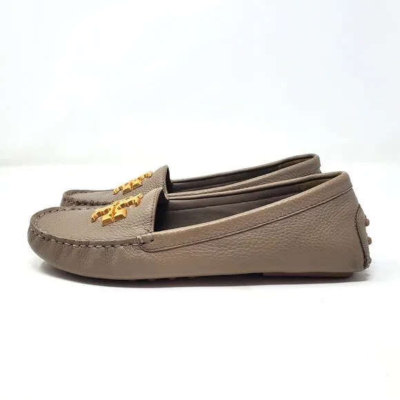 Tory Burch Everly Driver Loafers Tumbled Calf Leather Gray Gold 151421 Size 7
