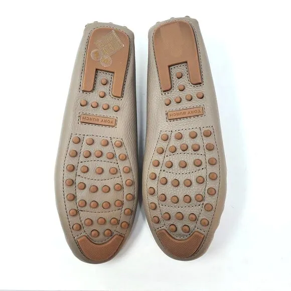 Tory Burch Everly Driver Loafers Tumbled Calf Leather Gray Gold 151421 Size 7