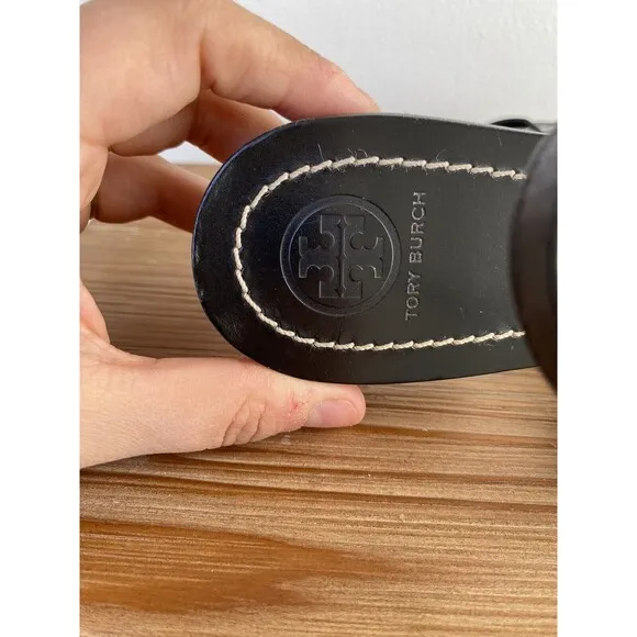 Tory Burch Gemini Sandals Thongs Black Leather Gold Chain Link T Strap SZ 8 1/2