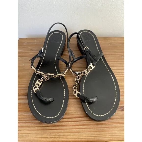 Tory Burch Gemini Sandals Thongs Black Leather Gold Chain Link T Strap SZ 8 1/2