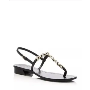 Tory Burch Gemini Sandals Thongs Black Leather Gold Chain Link T Strap SZ 8 1/2