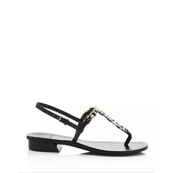 Tory Burch Gemini Sandals Thongs Black Leather Gold Chain Link T Strap SZ 8 1/2