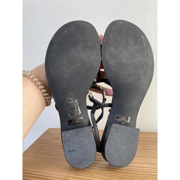 Tory Burch Gemini Sandals Thongs Black Leather Gold Chain Link T Strap SZ 8 1/2