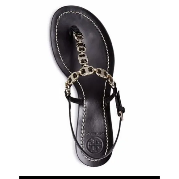 Tory Burch Gemini Sandals Thongs Black Leather Gold Chain Link T Strap SZ 8 1/2